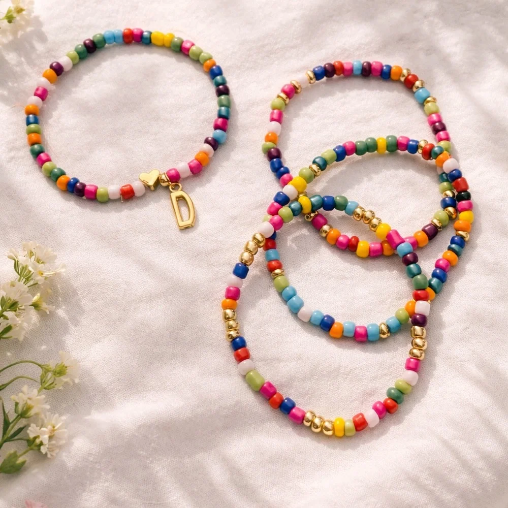 Colorful Beaded initial Bracelet stack Set - Picture 1 of 3